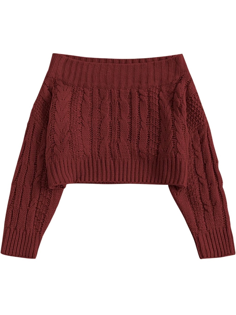 Off Shoulder Cable Knit Crop Top Sweater Long Sleeve Pullover W/Batwing Sleeves